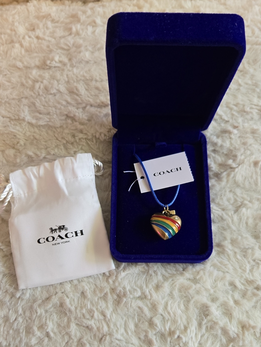 COACH Gold-Tone Heart Necklace with Rainbow Enamel Stripes NWT